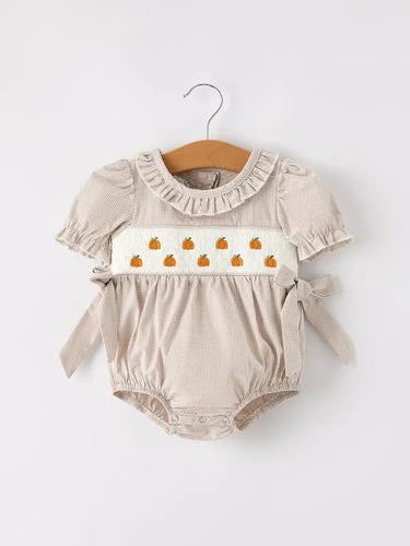 Fall Pumpkin Embroidery Smock Plaid Baby Girl Romper - 4 MOQ